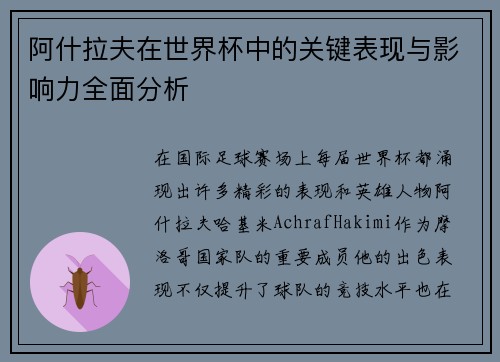 阿什拉夫在世界杯中的关键表现与影响力全面分析